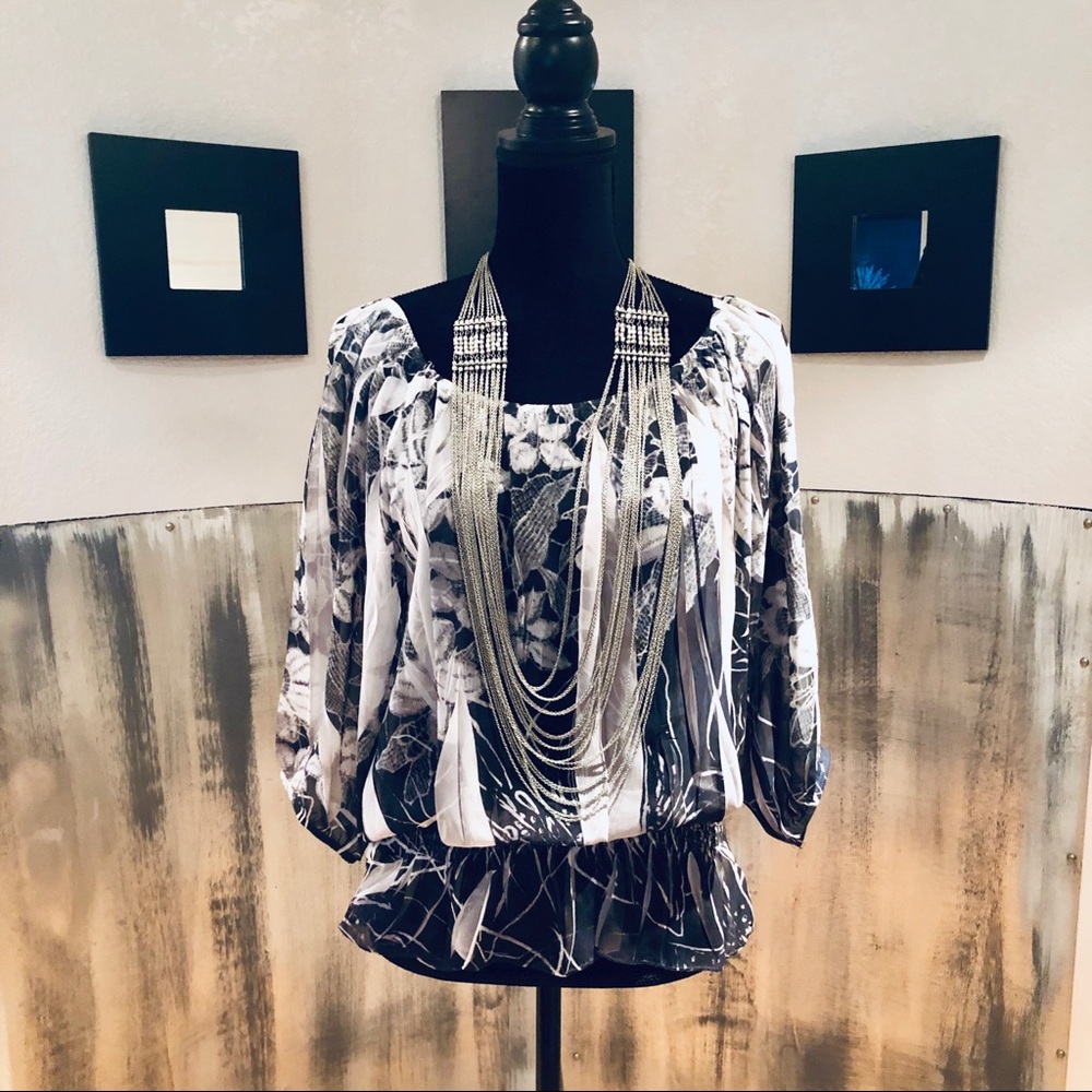 Black Grey And White Floral Shirt Sz L